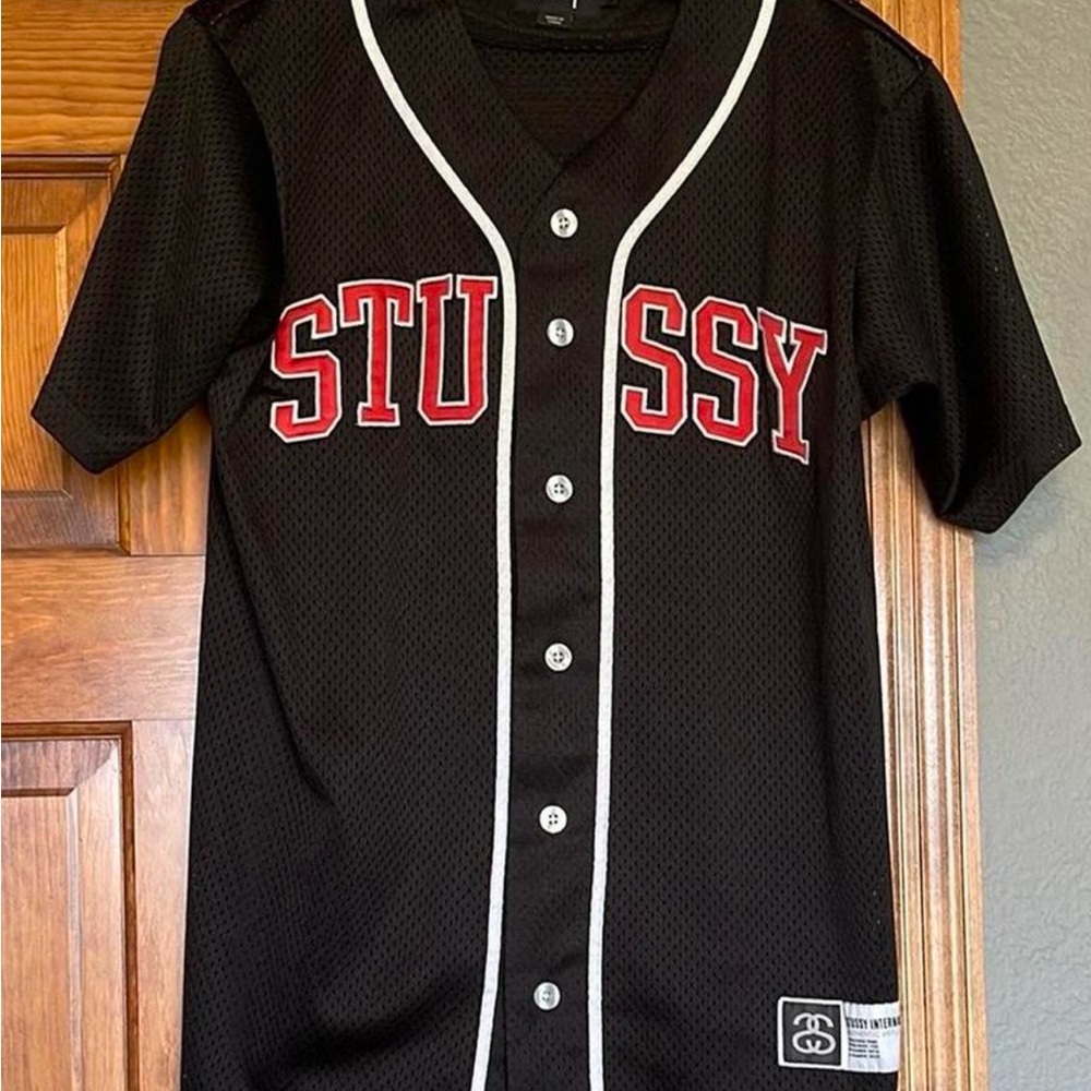 Stussy Black Baseball Jersey with Red Lettering